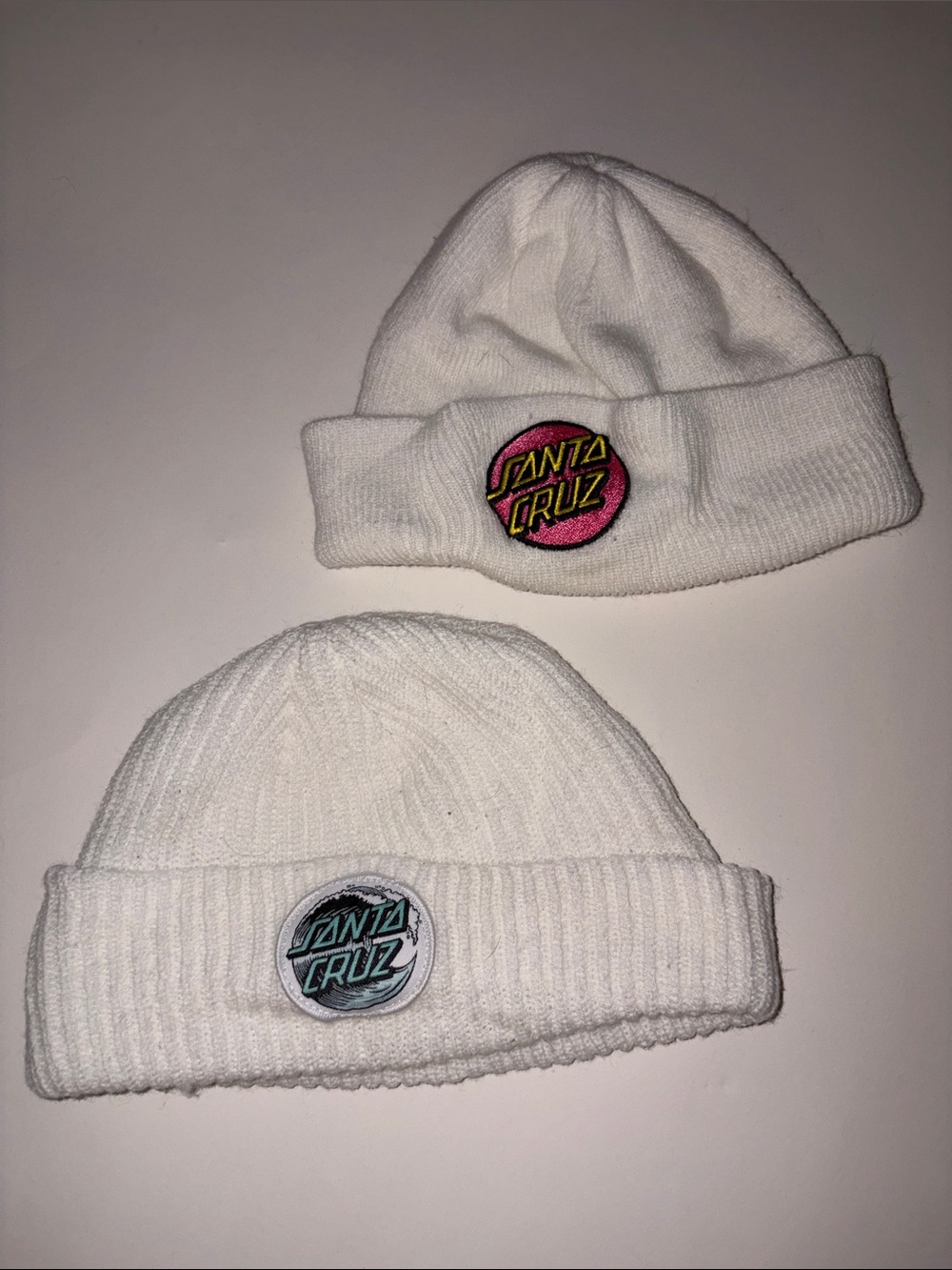 Santa Cruz Skateboards White Beanie Hats with Pink and Teal Logos